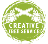 Green circular logo with crossed chainsaws and the words “Creative Tree Service”