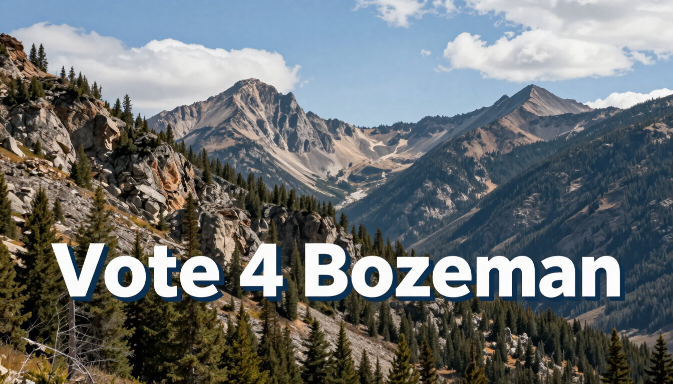 Mountain landscape with bold text reading “Vote 4 Bozeman”