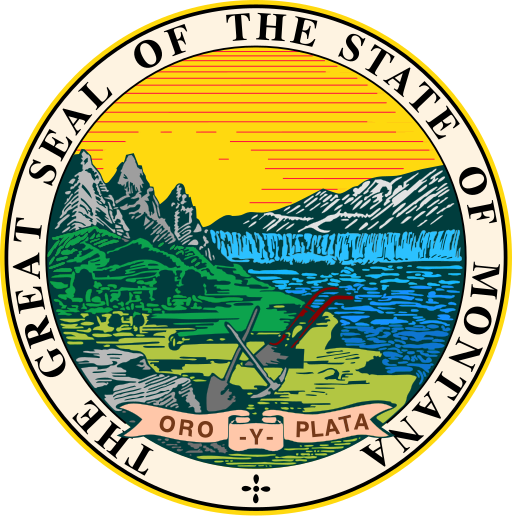 Montana state seal: Mountains, water, sky, tools, and Latin motto 