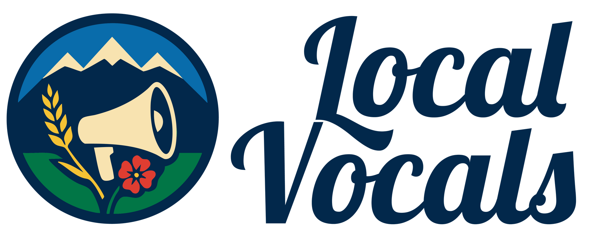 Local Vocals logo that has snow capped mountains, wheat, a flower and a megaphone