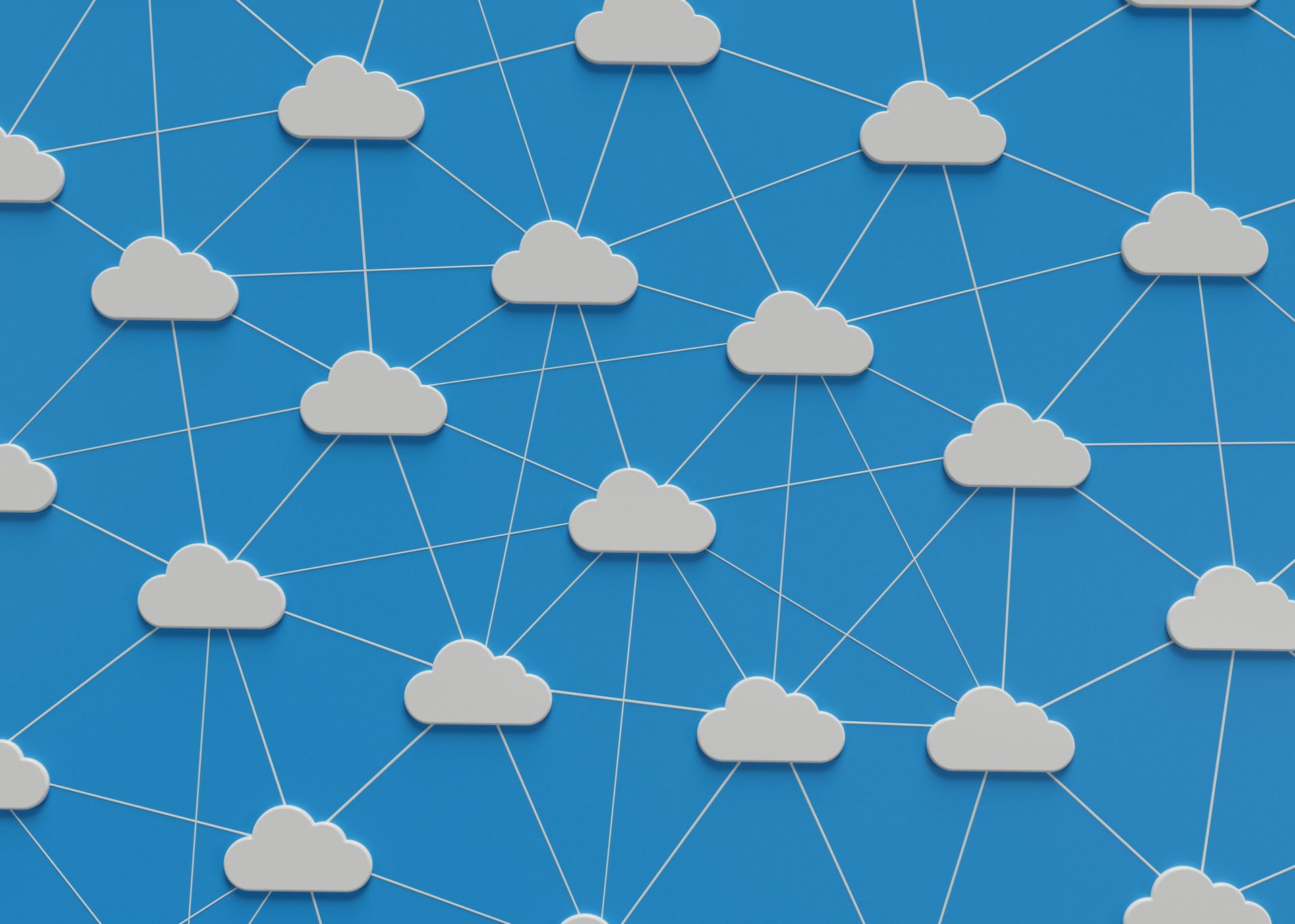 Clouds interconnected by white lines against a blue background, representing a network.