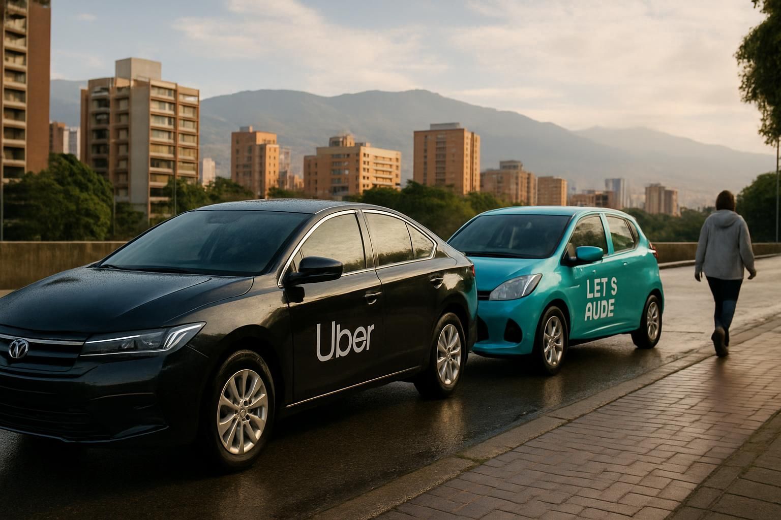 Two Uber cars parked on a street with a pedestrian walking away; city skyline in background.