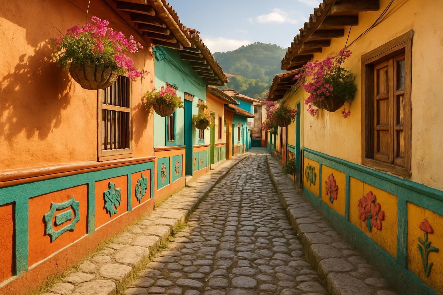 Colorful street lined with buildings, cobblestone pathway, hanging flower baskets.