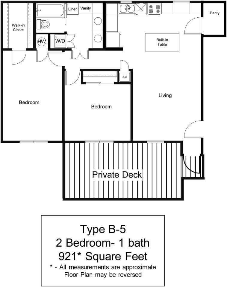 Floor Plan: B5 - two bedrooms, one bathroom, 921 square feet