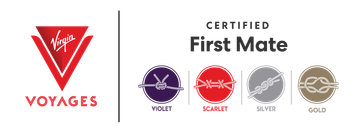 Virgin Voyages logo with “Certified First Mate” and four circular medal-style icons