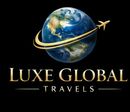 Luxe Global Travels logo with globe, gold airplane swoosh, and black background