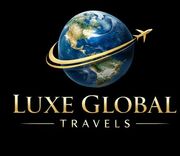 Luxe Global Travels logo with globe, gold airplane swoosh, and black background