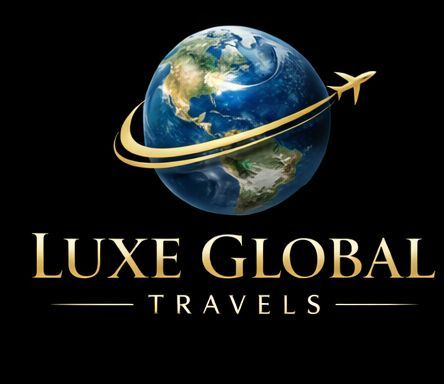Luxe Global Travels logo with globe, gold airplane swoosh, and black background