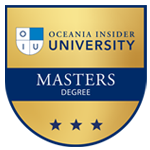 Oceania Insider University Masters degree badge in gold and blue with shield and stars