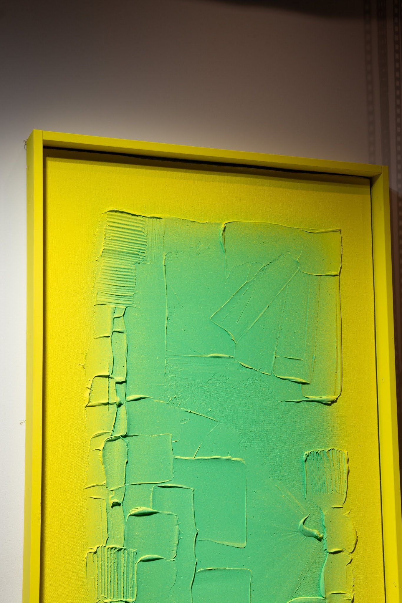 Yellow framed abstract art piece with a gradient from yellow to green; art by Matt Remsbecher. 