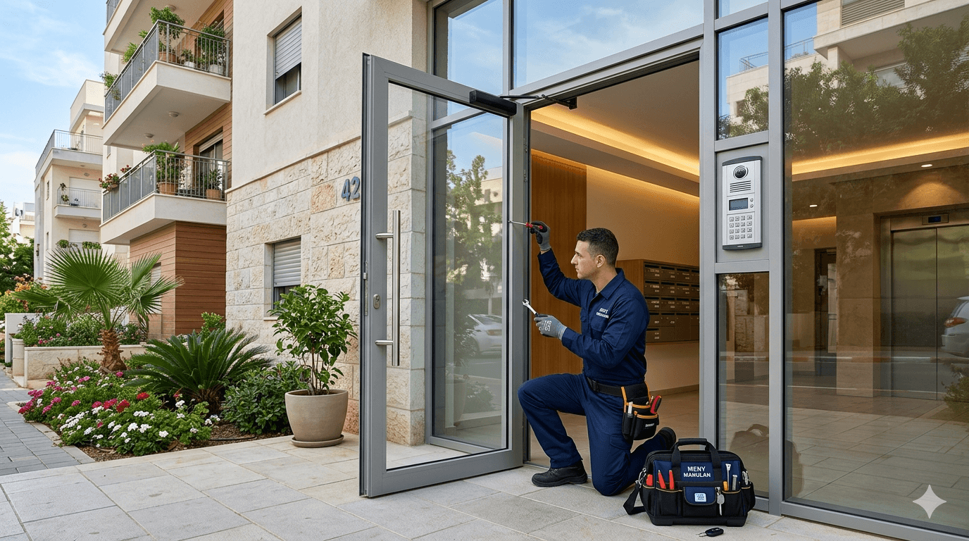 טכנאי מקצועי לבוש סרבל כחול כשהוא כורע על ברכיו ומבצע תיקון דלת כניסה לבניין עשויה זכוכית