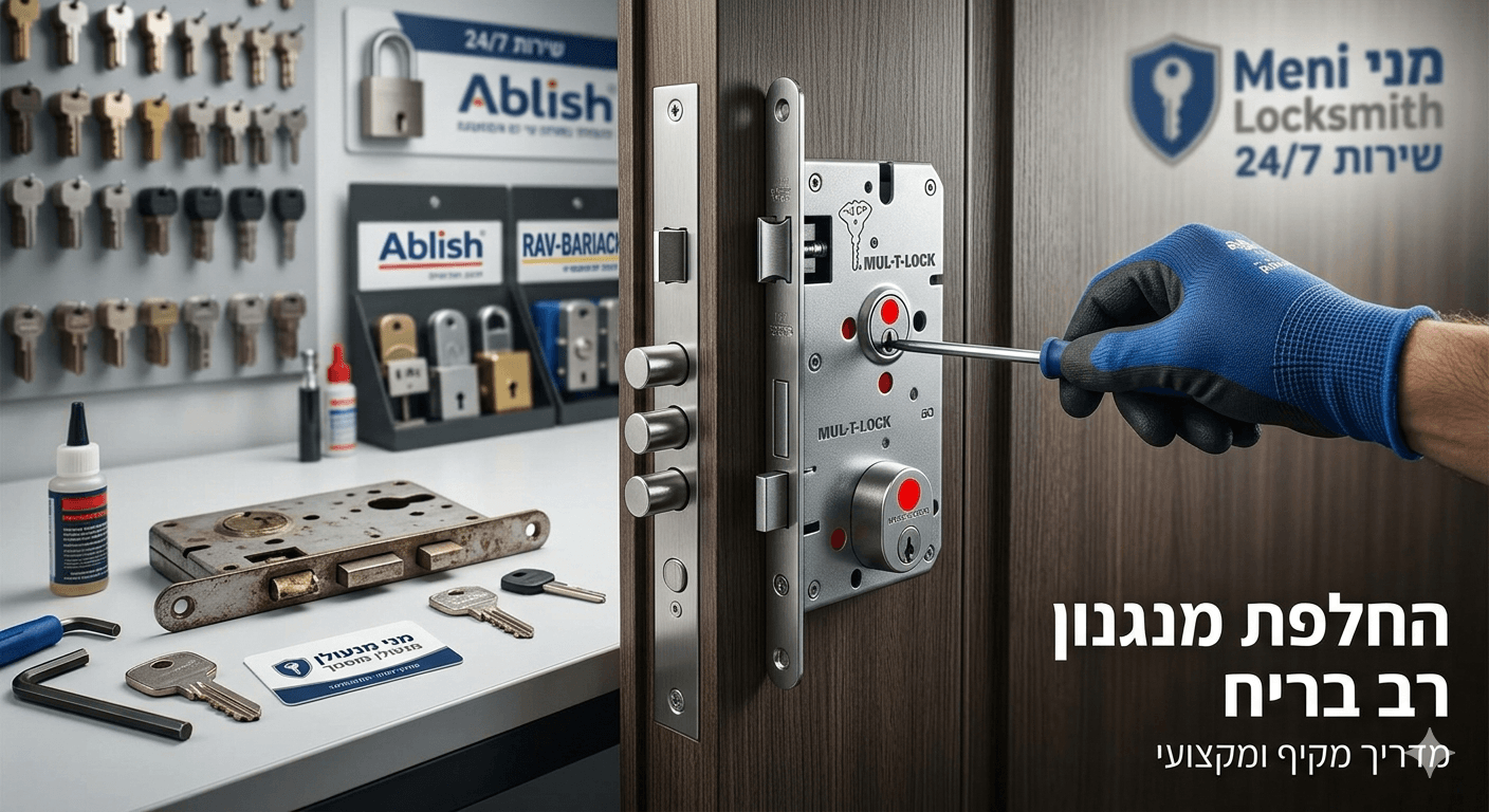 תמונת המאמר על החלפת מנגנון רב הבריח המציגה תקריב על יד עוטה כפפה כחולה המבריגה מנגנון רב-בריח