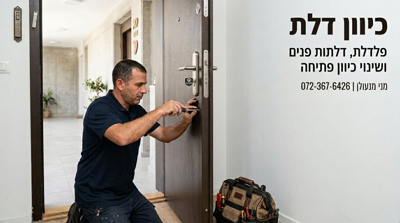 מנעולן כורע על ברכיו ומשתמש במברג כדי לבצע כיוון דלת פלדלת חומה בכניסה לדירה עם תיק כלים מונח 