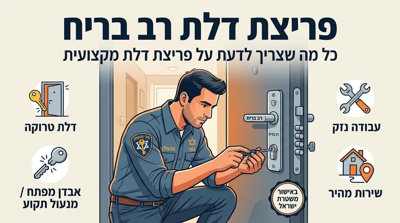 כרזה מאויירת של מנעולן המבצע פריצת דלת רב בריח עם כותרות על פריצת דלת מקצועית