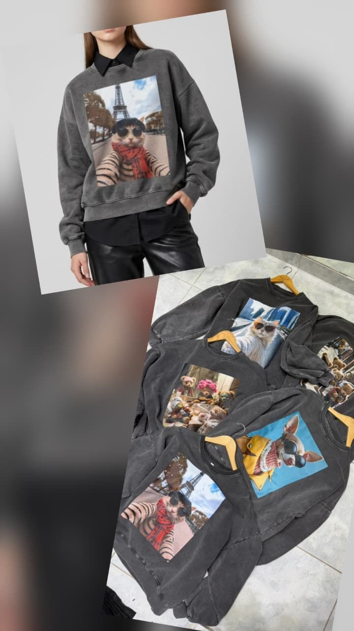 Dos camisetas oscuras con estampados gráficos extendidas, una de ellas combinada con vaqueros; estampados estilo collage en camisetas negras de manga larga.