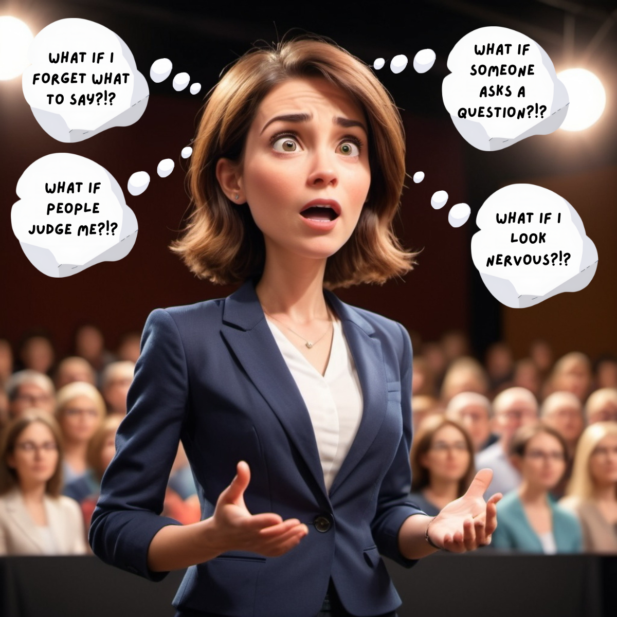 a businesswoman standing in front of a crowd looking scared to present, 