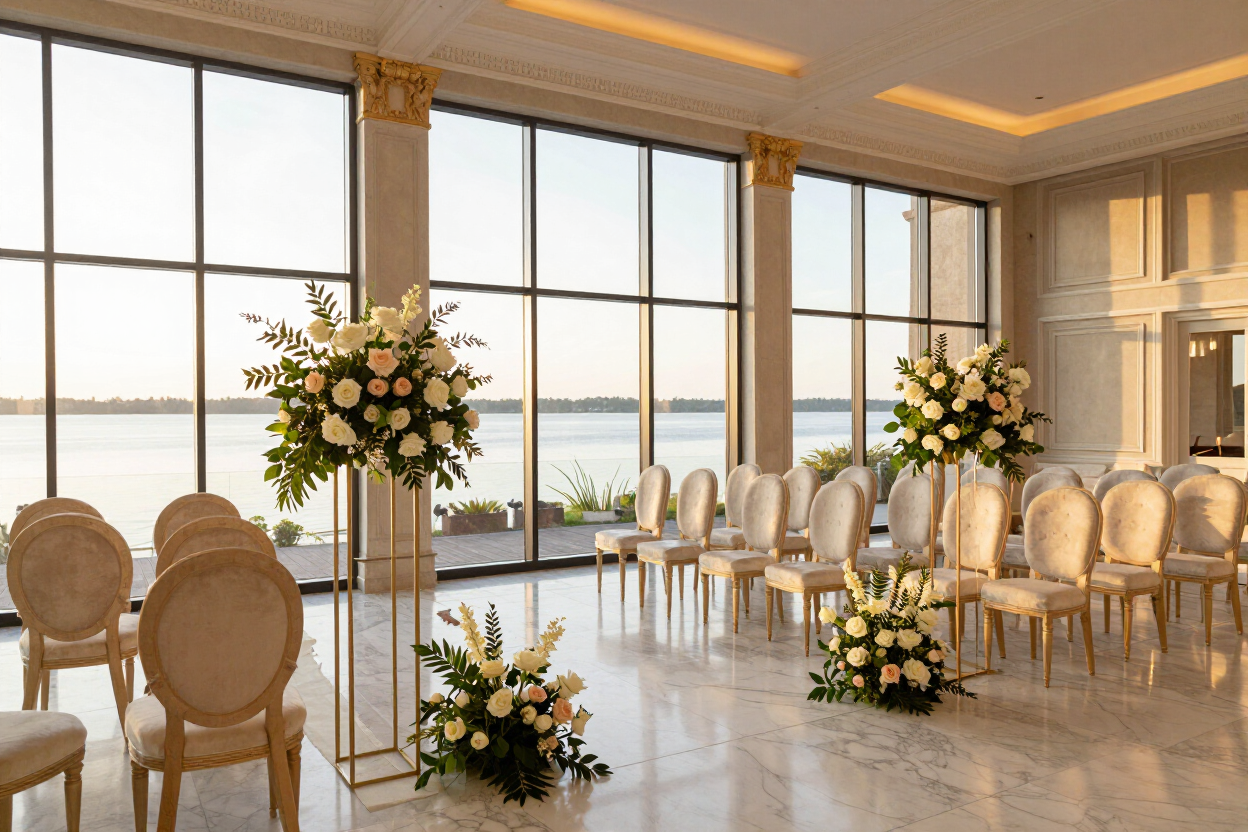 Inside the venue ceremony hall looking toward waterfront windows