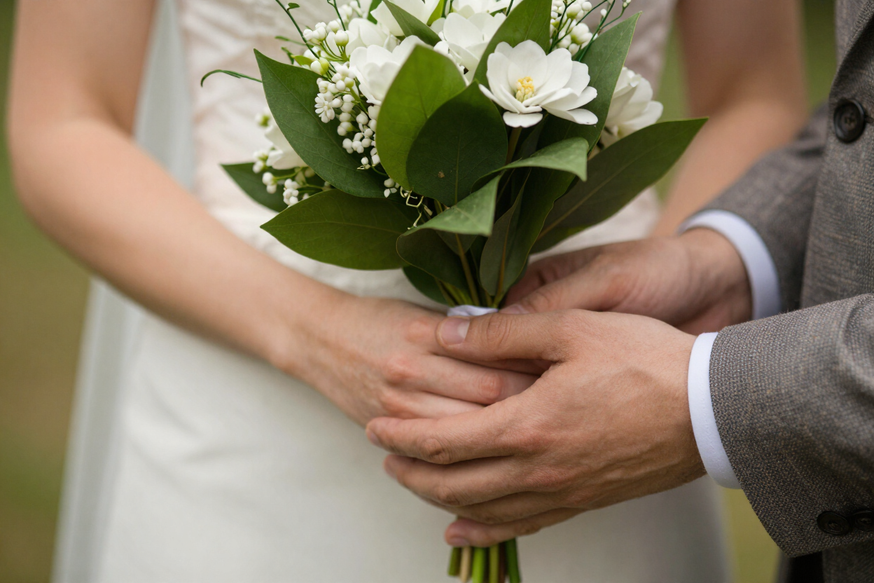 Couple's intertwined hands holding a bouquet