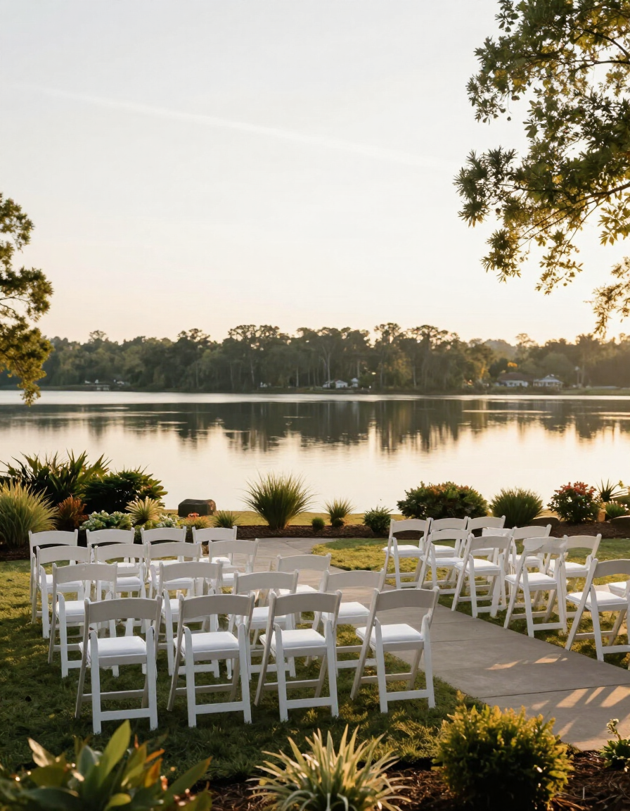 Waterfront ceremony space at golden hour with chairs set in rows facing the water
