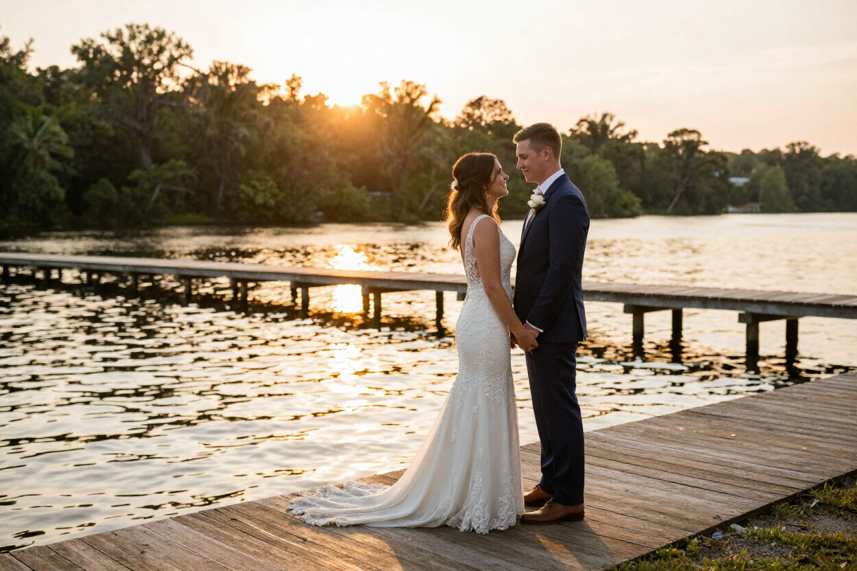 Couple at waterfront ceremony golden hour