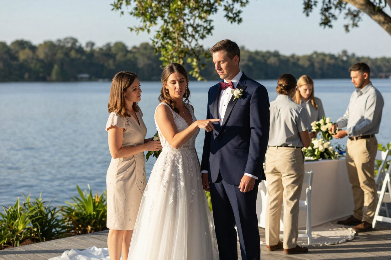 Attentive wedding coordinator with couple