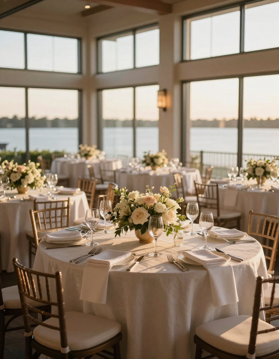 Elegantly set reception tables with waterfront view