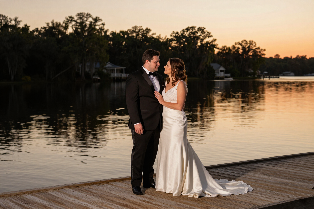 Bride and groom at golden hour on the waterfront dock
