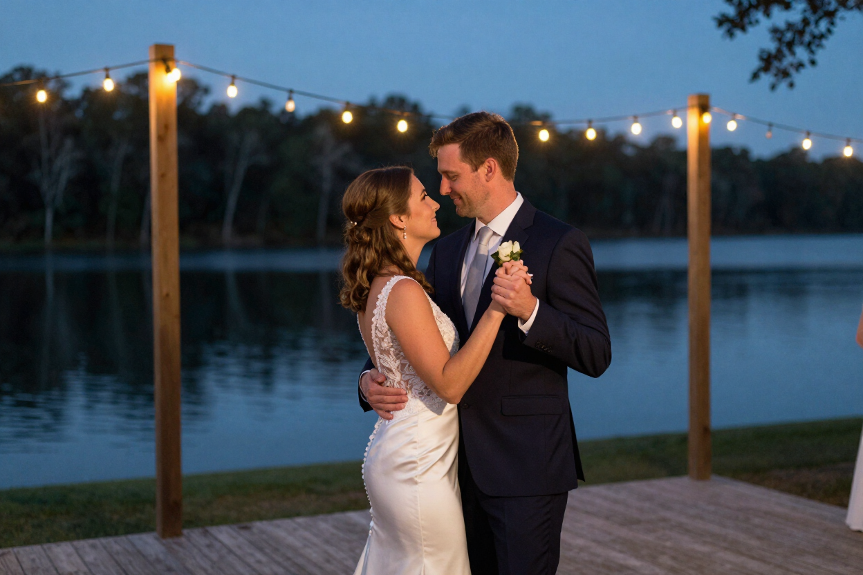 Newlyweds first dance at waterfront reception