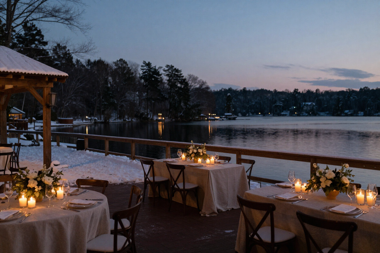 Winter candlelit waterfront wedding