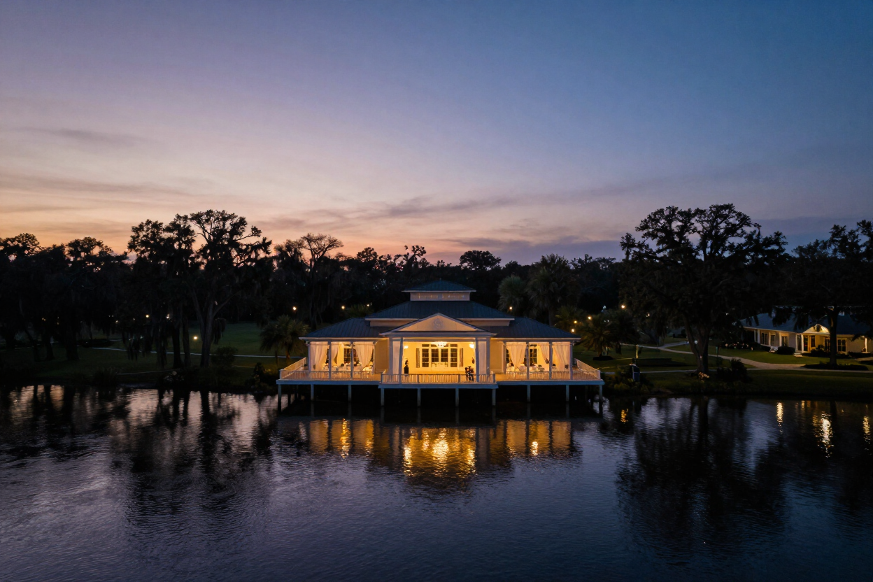 Aerial view of waterfront venue at dusk
