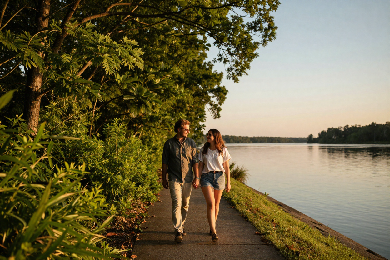 Couple walking along waterfront path