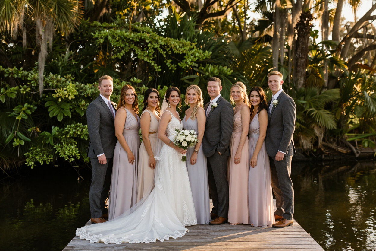 Bridal party on the waterfront dock