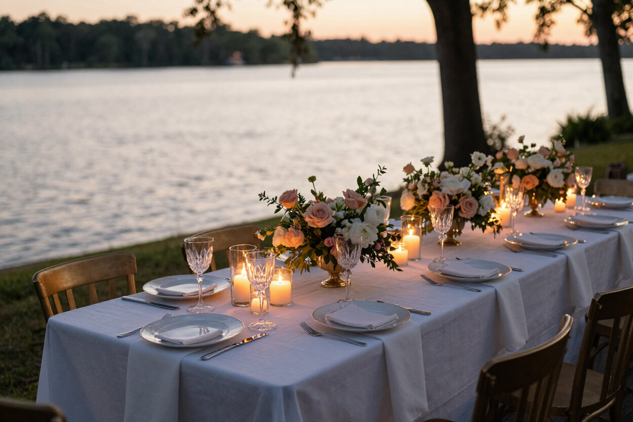 Elegant waterfront reception table setting