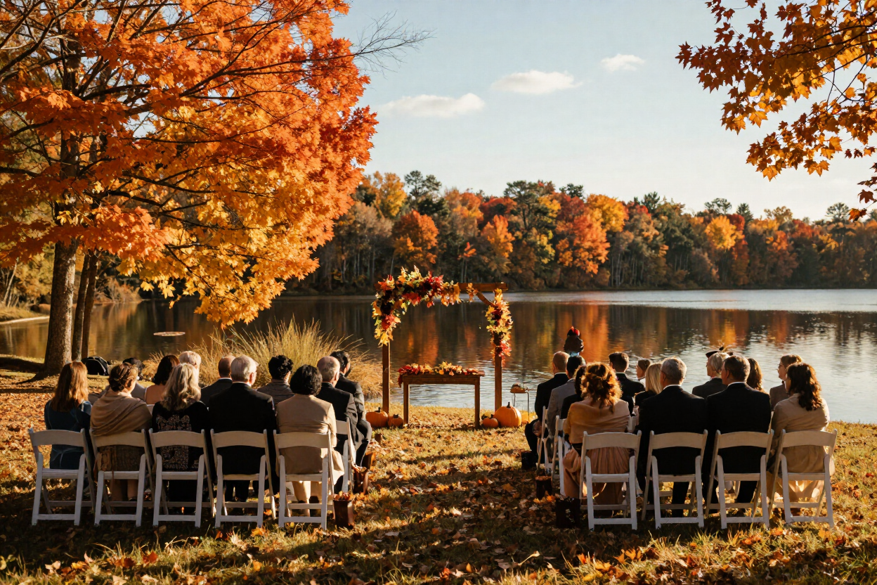 Autumn waterfront wedding ceremony
