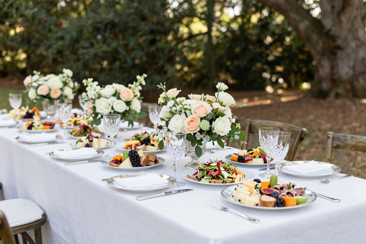 Long outdoor dining table set with white flowers and plated dishes in a garden setting