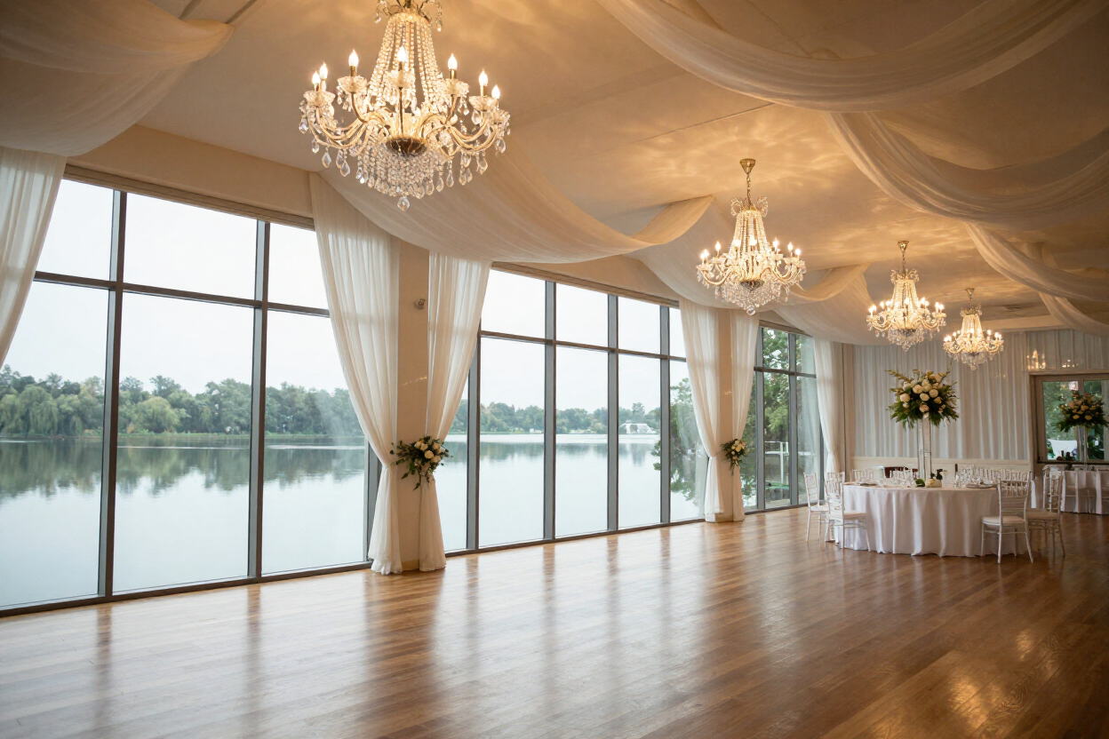 Waterfront venue grounds at golden hour