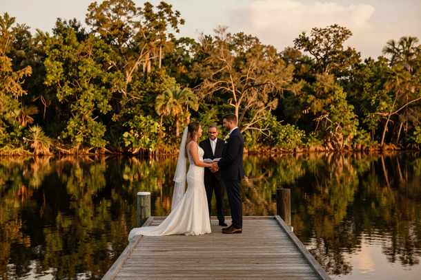 Micro wedding on dock at golden hour