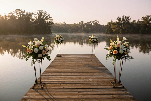 Private dock with floral arrangements at sunrise