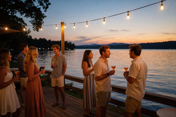 Lakeside cocktail terrace at dusk