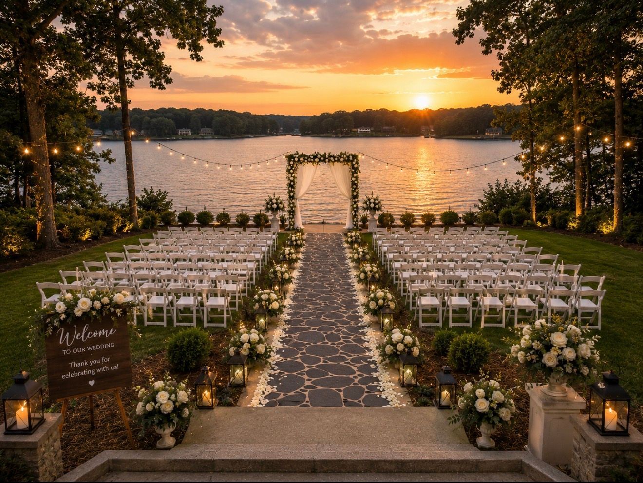 Sunset outdoor wedding ceremony setup with white chairs, flower-lined aisle, and lake view