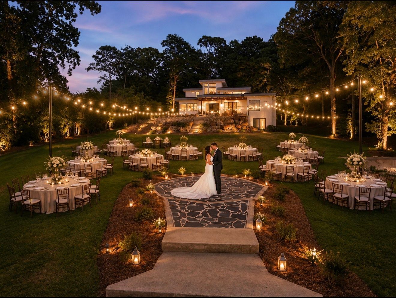 Outdoor wedding reception at dusk with string lights, round tables, and a couple on a stone path facing a lit mansion