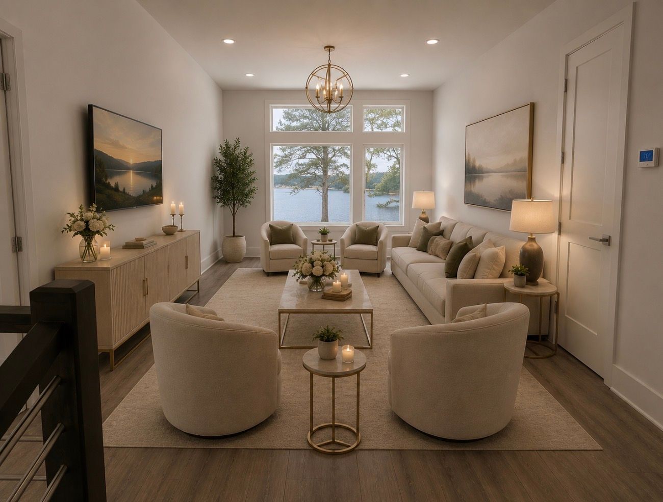 Elegant beige living room with sofas, armchairs, lamp, and large window overlooking trees