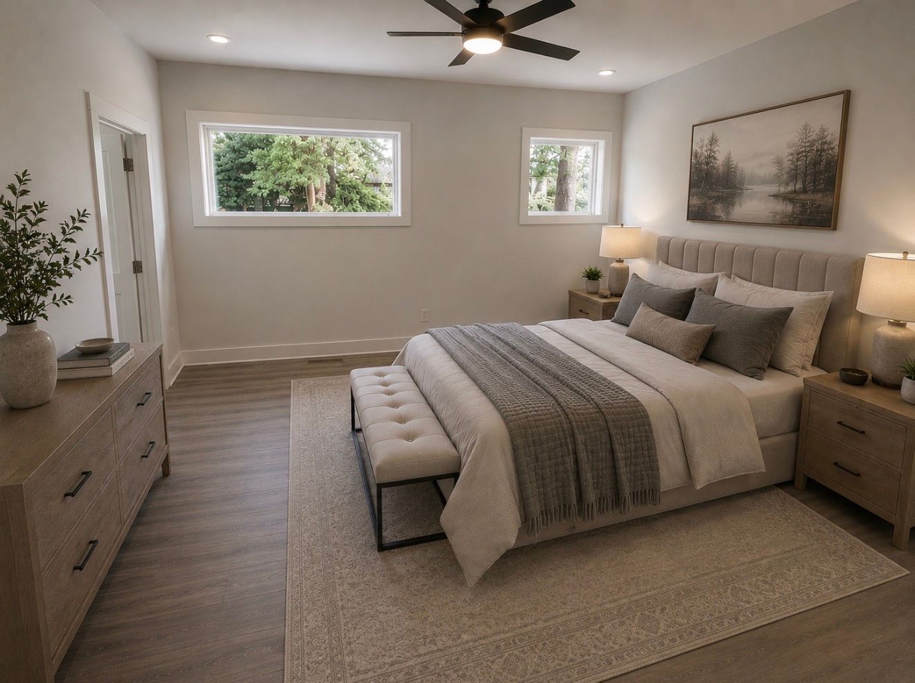 Bright, neutral bedroom with a large bed, bench, windows, ceiling fan, and wooden nightstands.