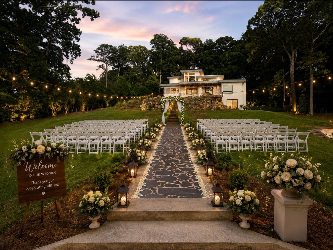 Outdoor wedding ceremony setup at dusk with white chairs, floral aisle, and a lit house in the background