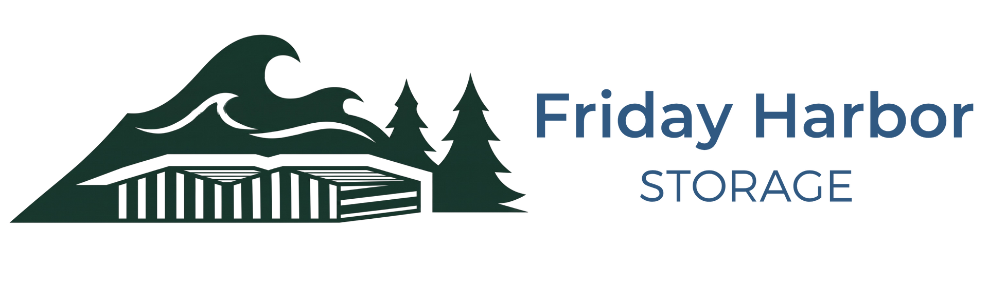 Friday Harbor Storage logo with green mountain, evergreen trees, and dock icon