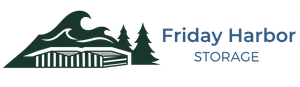 Friday Harbor Storage logo with green mountain, evergreen trees, and dock icon