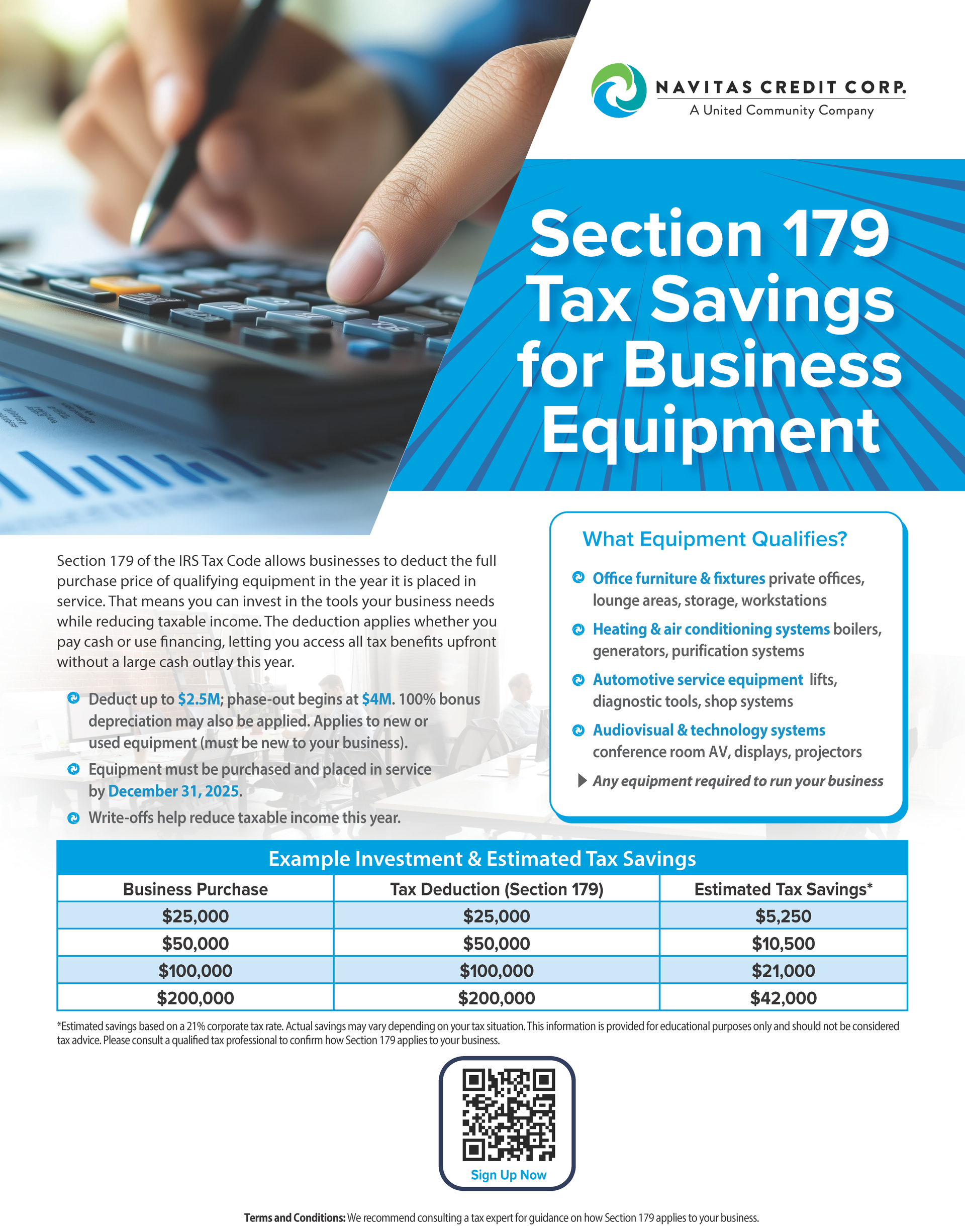 Blue flyer about Section 179 tax savings for business equipment, with calculator and small text details