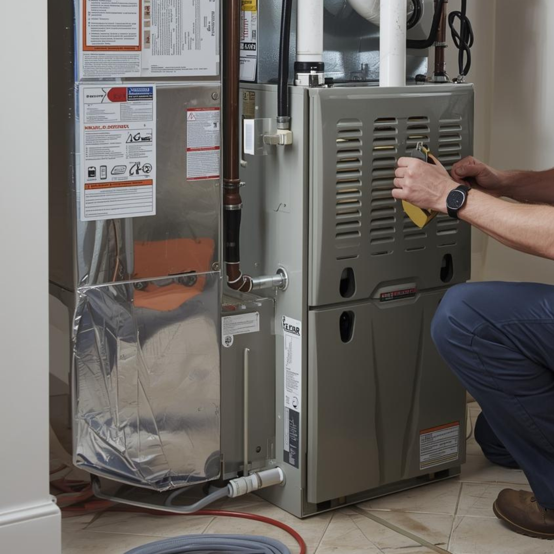 Technician kneeling beside a gray HVAC furnace, inspecting the front panel in a basement utility room