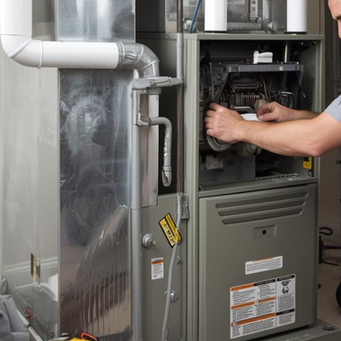 Technician repairing an open furnace beside metal ductwork in a utility room