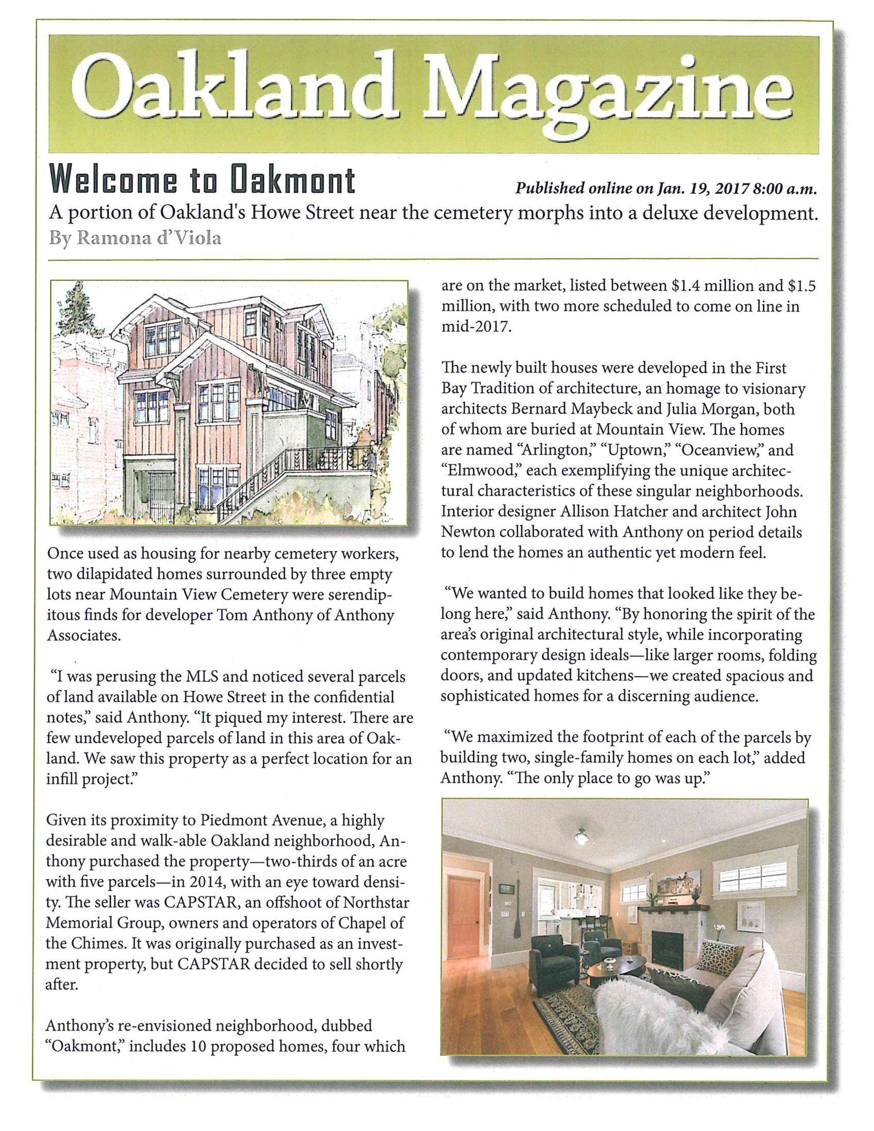 The front page of the oakland magazine with a picture of a house.